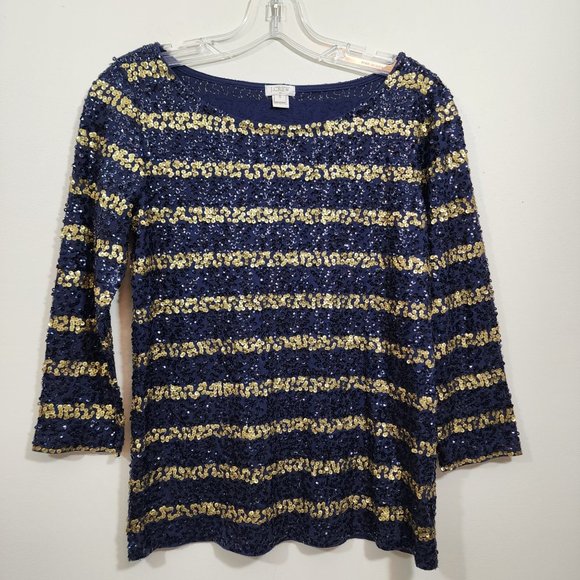 J. Crew Factory Tops - J. Crew factory navy blue & gold sequin striped 3/4 sleeve shirt woman's size S